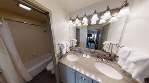 Combined shower/bathtub, hair dryer