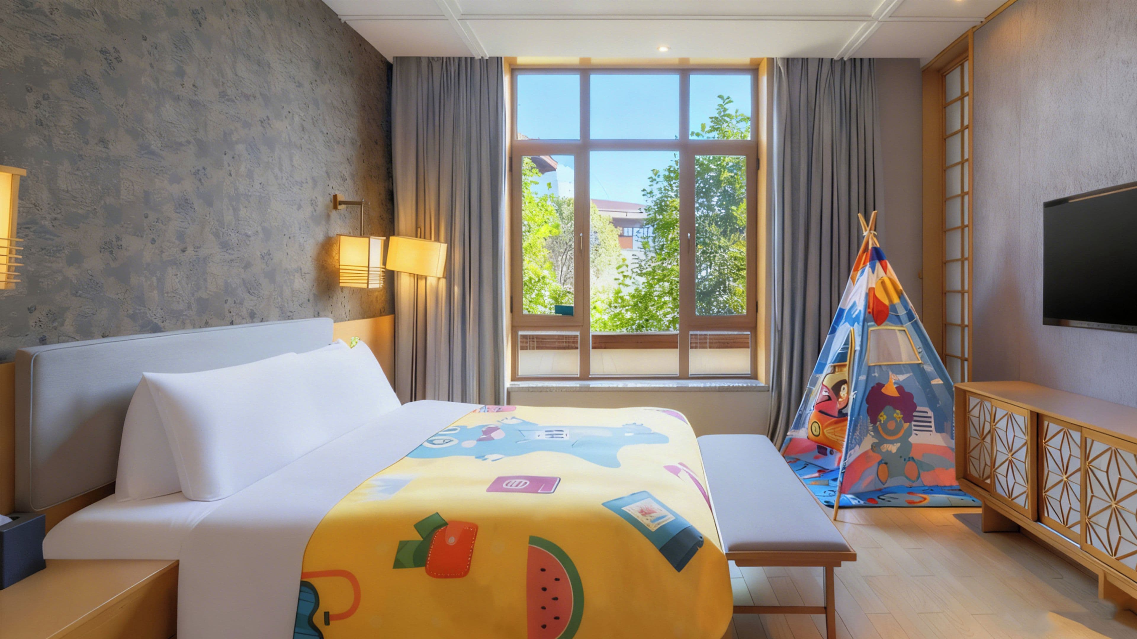 Una habitación de hotel con cama, un banco, un televisor y una ventana con cortinas.
