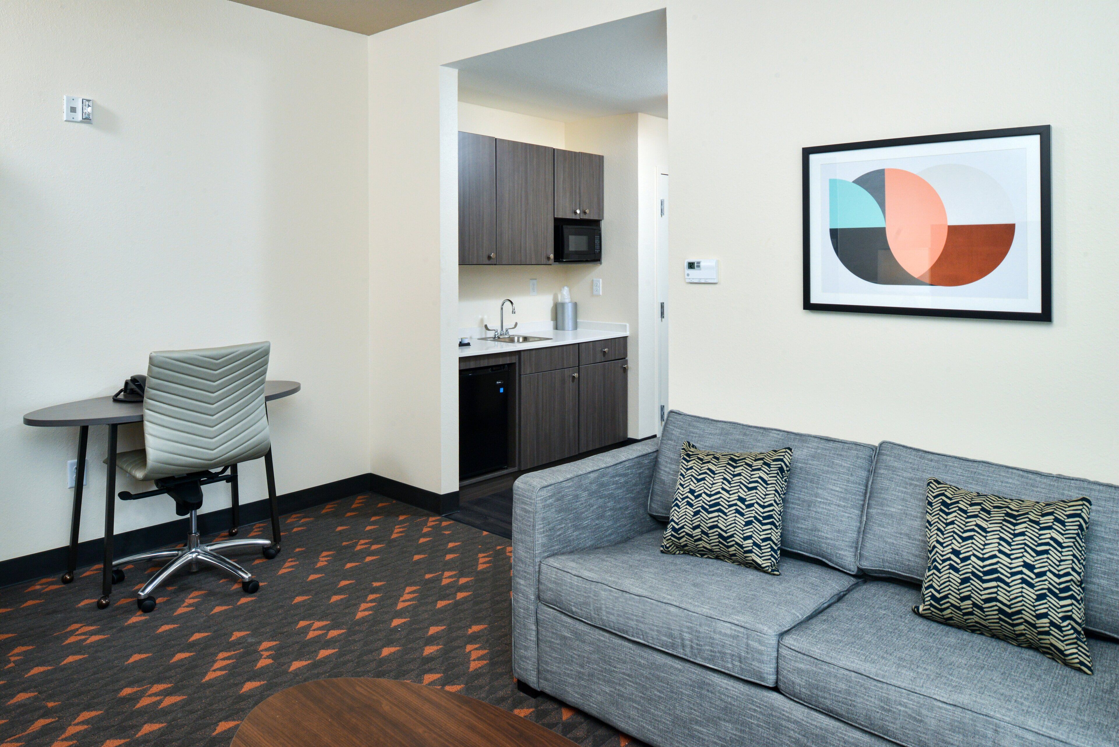 1 bedroom, desk, laptop workspace, blackout curtains