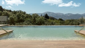 Une piscine aux eaux cristallines, avec en arrière-plan une vue sur les montagnes et les arbres.
