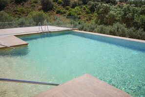 Ein rechteckiger Swimmingpool mit klarem Wasser, umgeben von einer Holzterrasse und einer Glasreling.