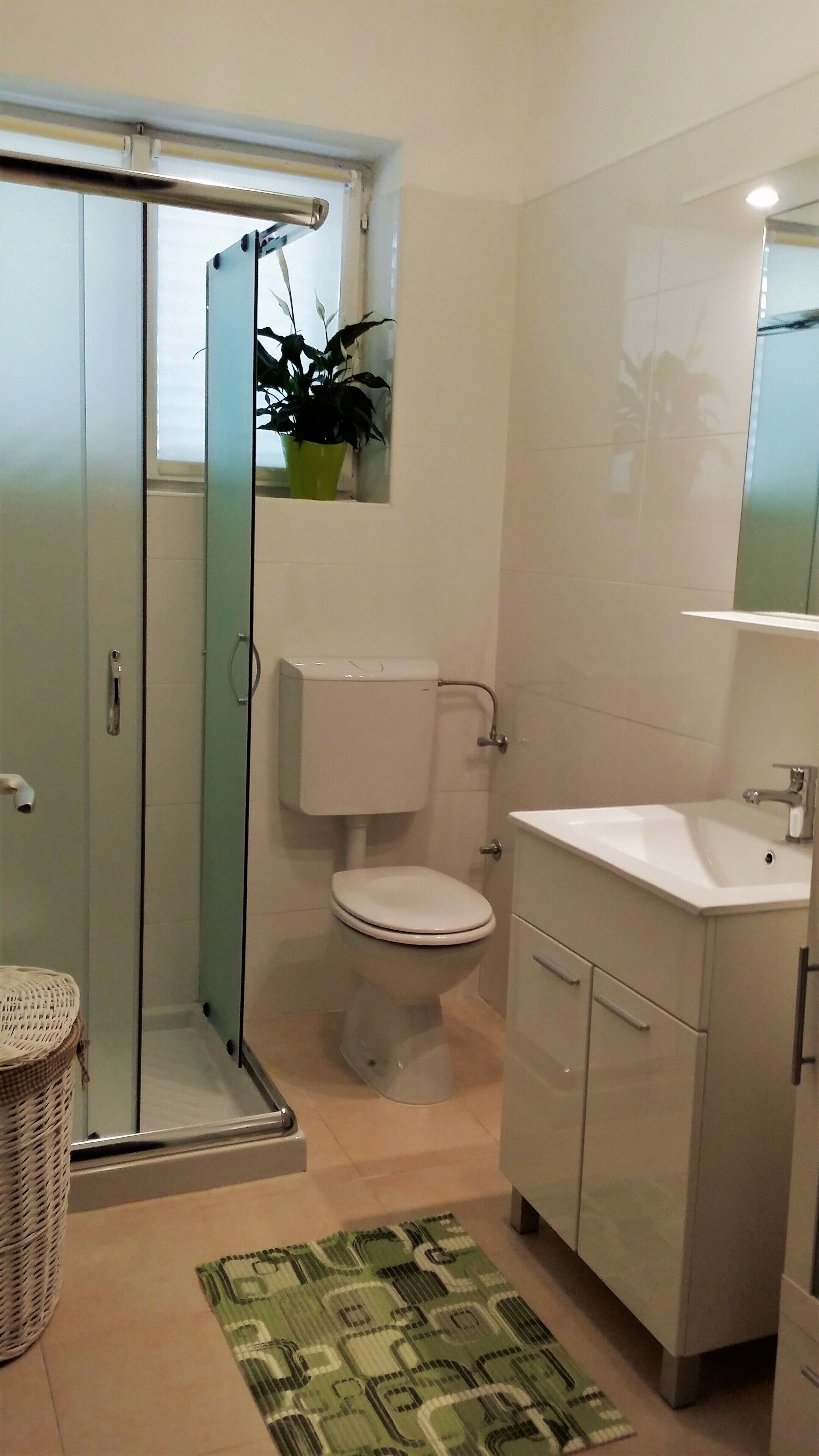Un bagno con cabina doccia in vetro, un water, un lavandino e uno specchio.