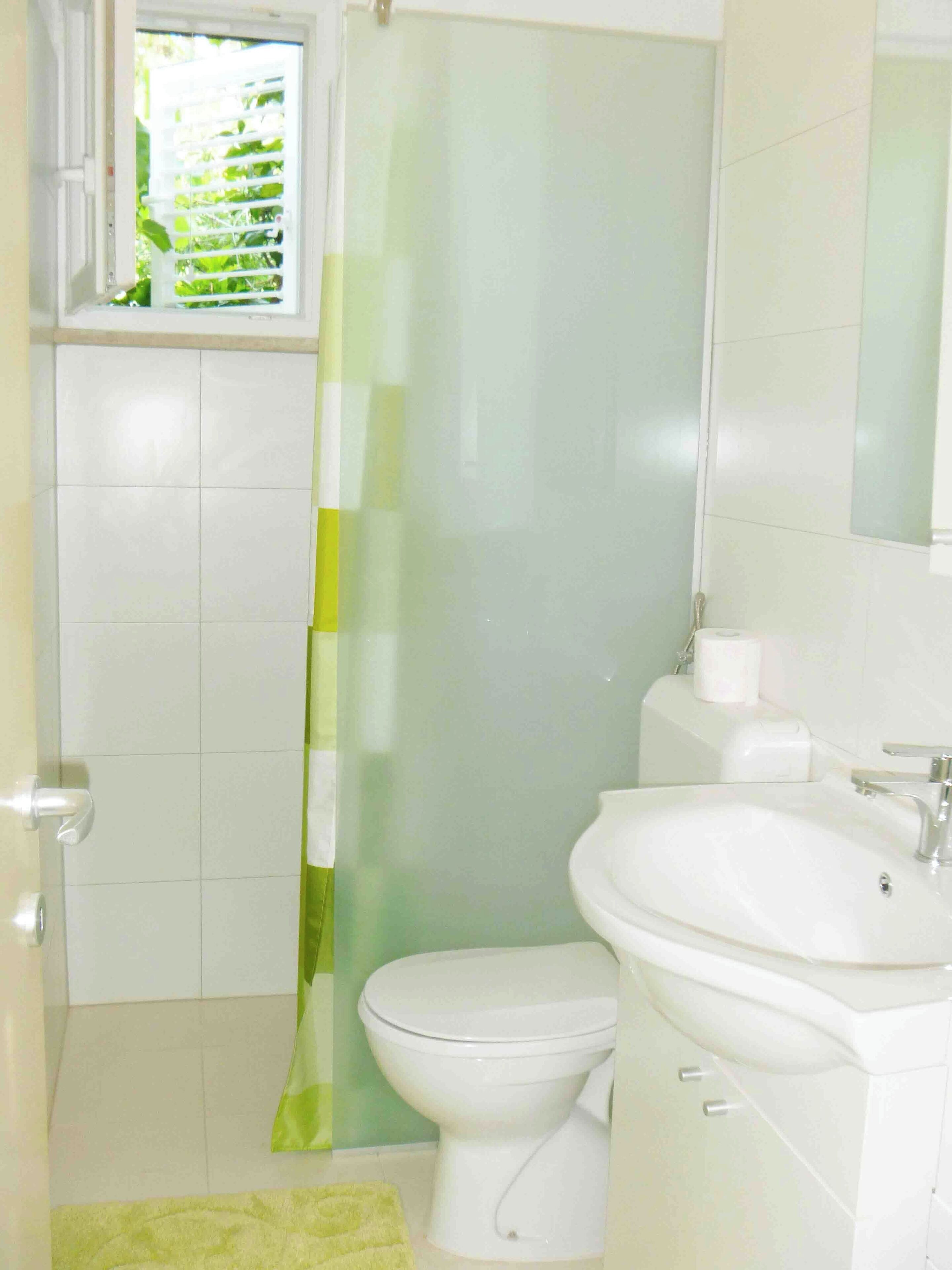 Une salle de bain équipée de toilettes, d’un lavabo et d’un rideau de douche.