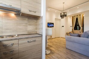 Apartamento superior | Cozinha privada | Geladeira, panela elétrica de arroz, chapa