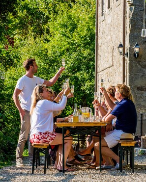 A group of people toasting with champagne glasses at an outdoor table with a stone wall and greenery in the background.