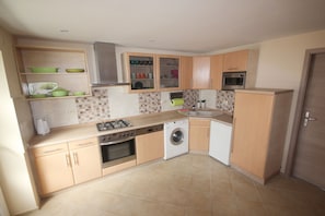 Efficient kitchen with gas stove, oven, microwave, and washing machine.