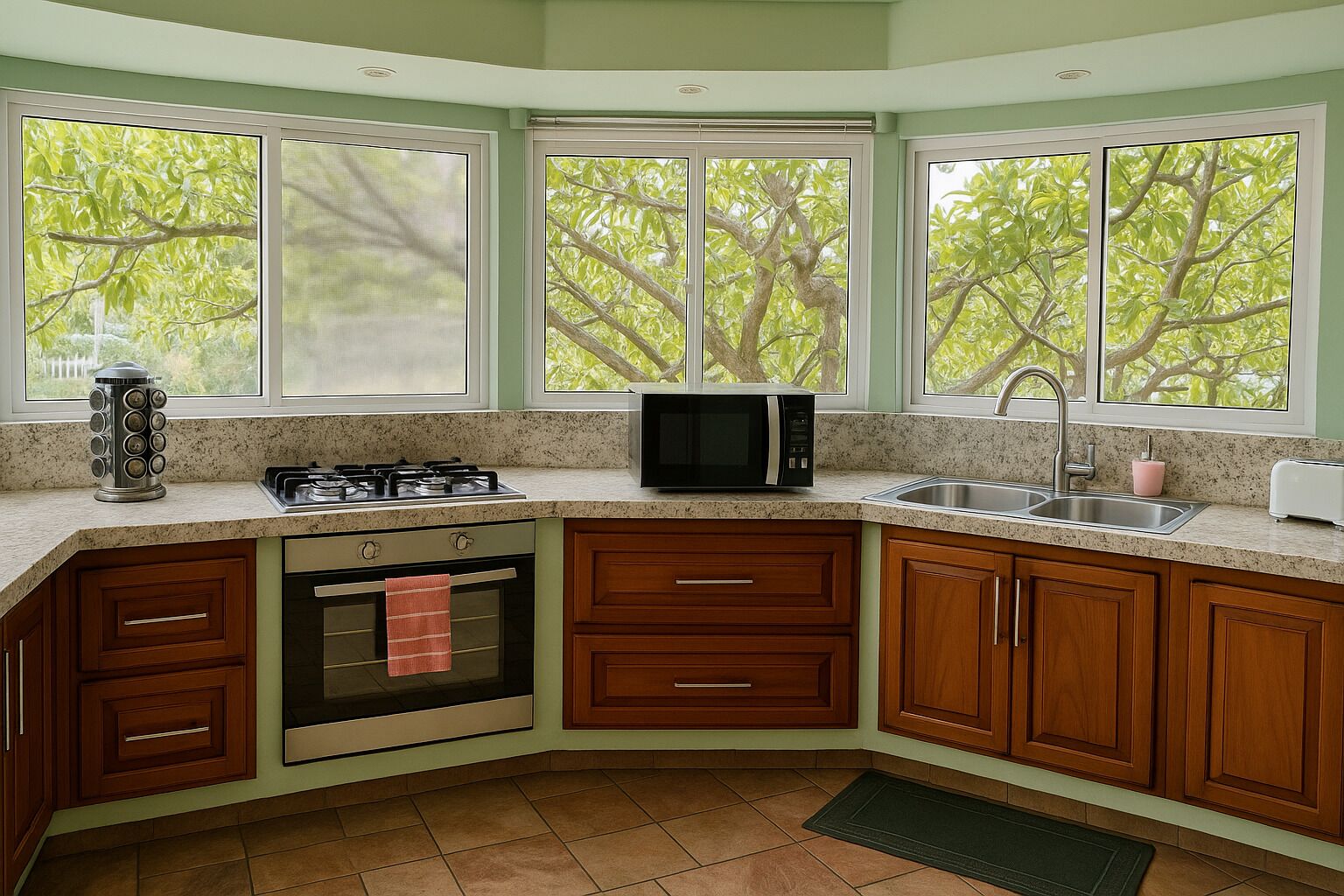 A kitchen with a gas stove, oven, microwave, and sink. It has wooden cabinets and large windows with a view of trees.