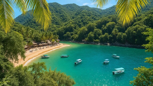 A tropical beach with clear turquoise waters, boats, and lush greenery. - Truly one of the Finest Villa for Rent in Puerto Vallarta (Puerto Vallarta)