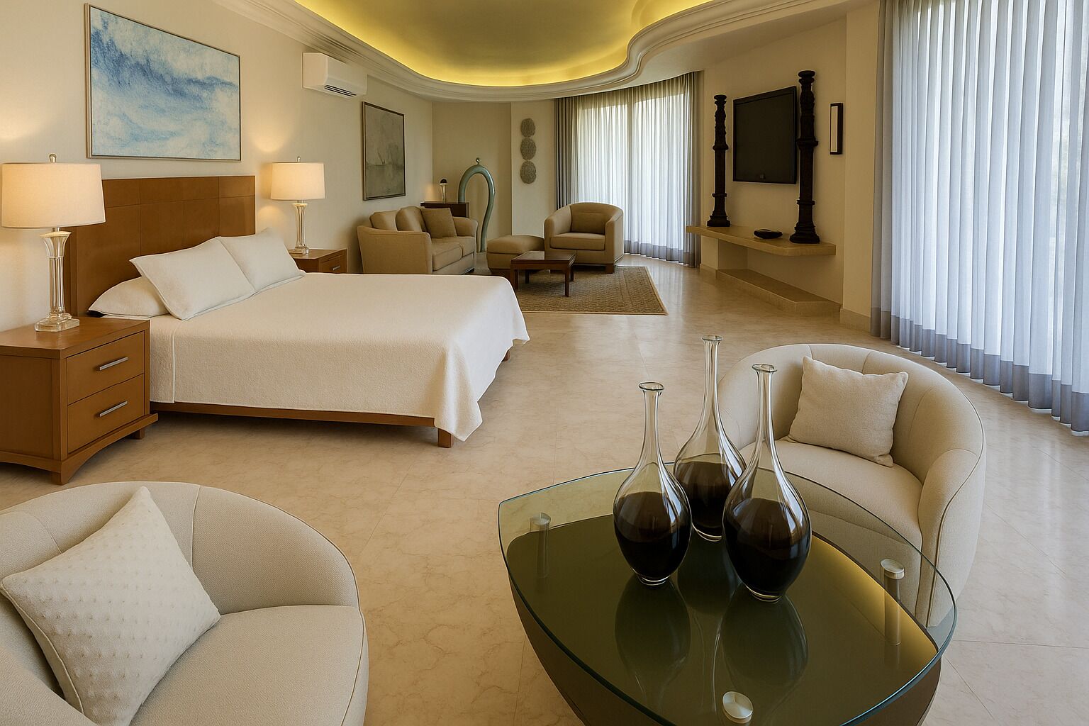 A hotel room with a bed, two sofas, a glass coffee table with vases, a desk, and a chair.