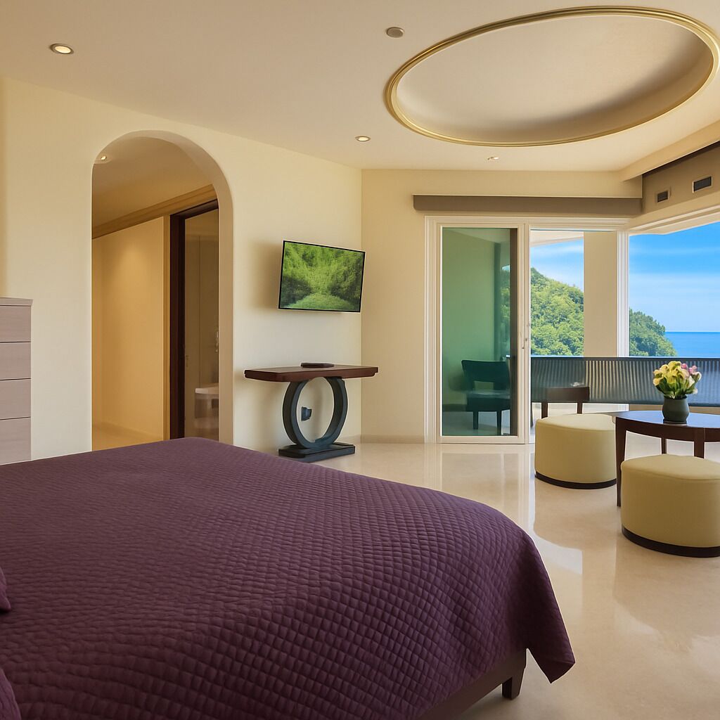 A modern hotel room with a large bed, a flat-screen TV, a dining area with a table and chairs, and a balcony with a view of the sea.