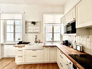 Frigorífico, horno, placa de cocina y utensilios de cocina