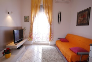 Apartment, 1 Bedroom, Smoking, Balcony | Living room | TV, books