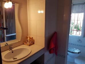 Bathtub, bidet, towels, toilet paper