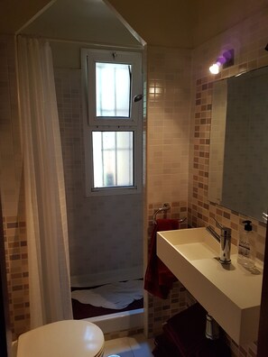 Bathtub, bidet, towels, toilet paper