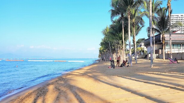 A beach with palm trees, a sandy shore, and a building with a sign in a foreign language.