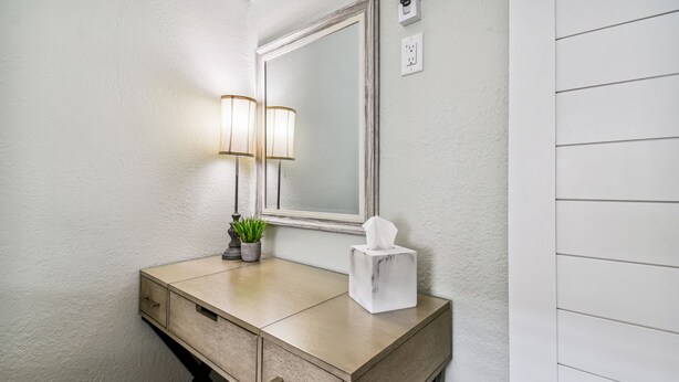 A bathroom vanity with a mirror, two wall-mounted lamps, a tissue box, and a small potted plant.