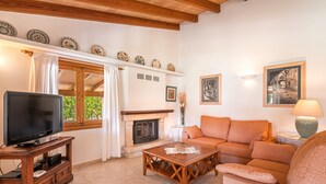 A living room with a television, sofa, coffee table, fireplace, and decorative plates on the wall. - Rural Country House with Pool, Wi-Fi, Lawn and Veranda (POLLENSA)