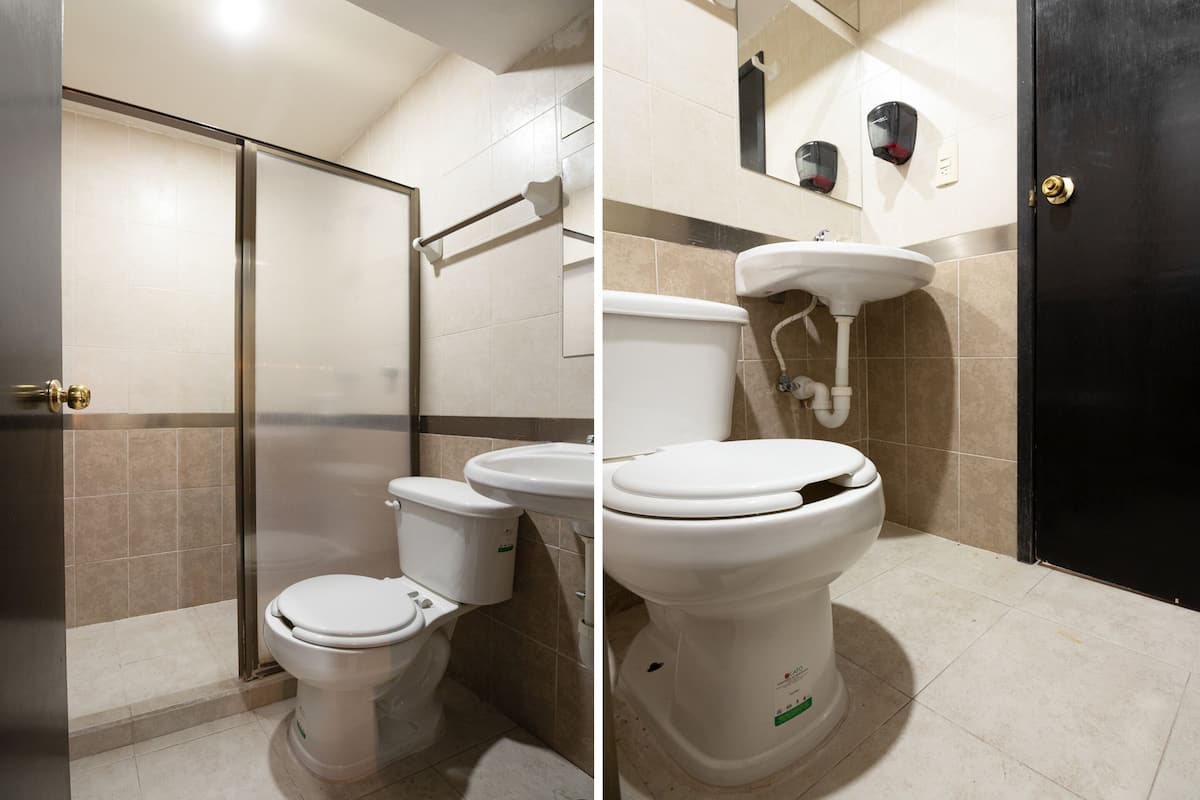 Habitación estándar, 1 cama matrimonial | Baño | Regadera, amenidades de baño gratuitas, toallas, jabón
