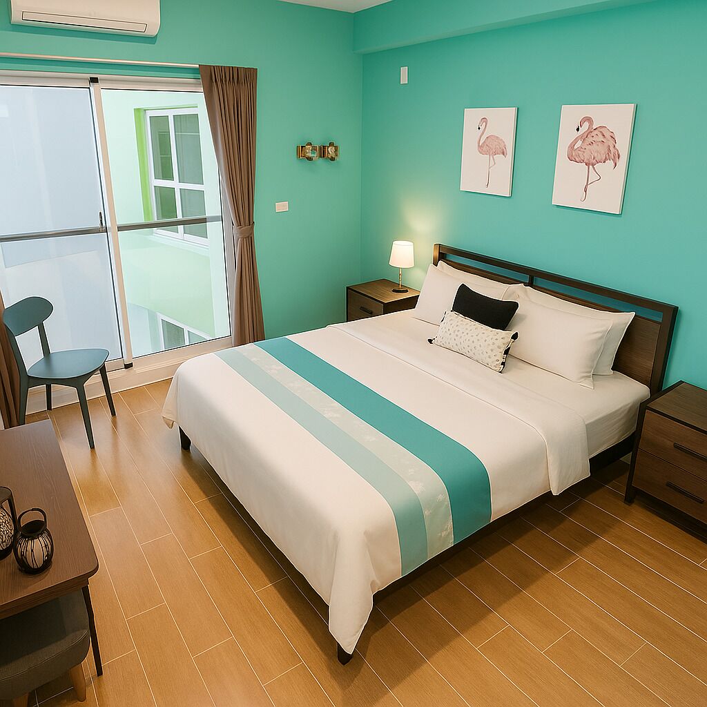Habitación de hotel con cama, escritorio, silla, mesita de noche y ventana con cortinas.