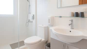 Shower, free toiletries, hair dryer, slippers