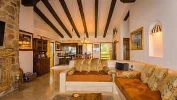 Villa (2 Bedrooms) | Área de sala de estar | Televisión de pantalla plana, chimenea y reproductor de DVD