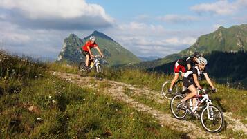 Tre ciclisti su un sentiero di montagna, cielo sereno e paesaggio verde.