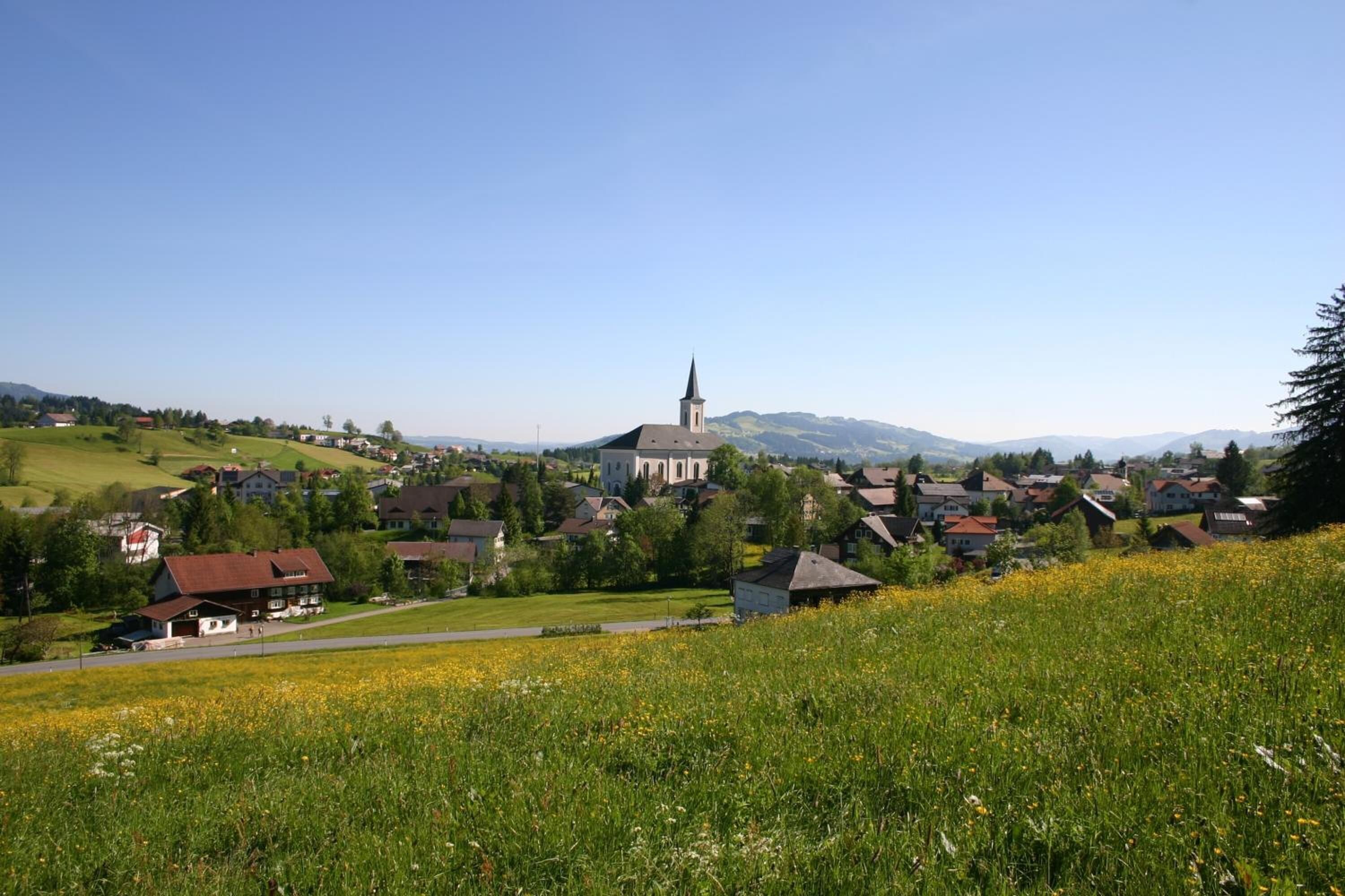 A rural village with a prominent church and houses.