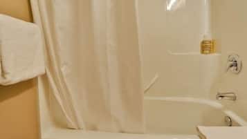 Hair dryer, towels, soap, shampoo