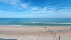 A beach with a clear sky, calm sea, and a sandy shore.