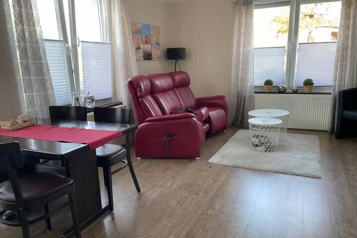 Een woonkamer met een rode leren bank, een eettafel met stoelen, een kleine witte tafel en een wit vloerkleed.