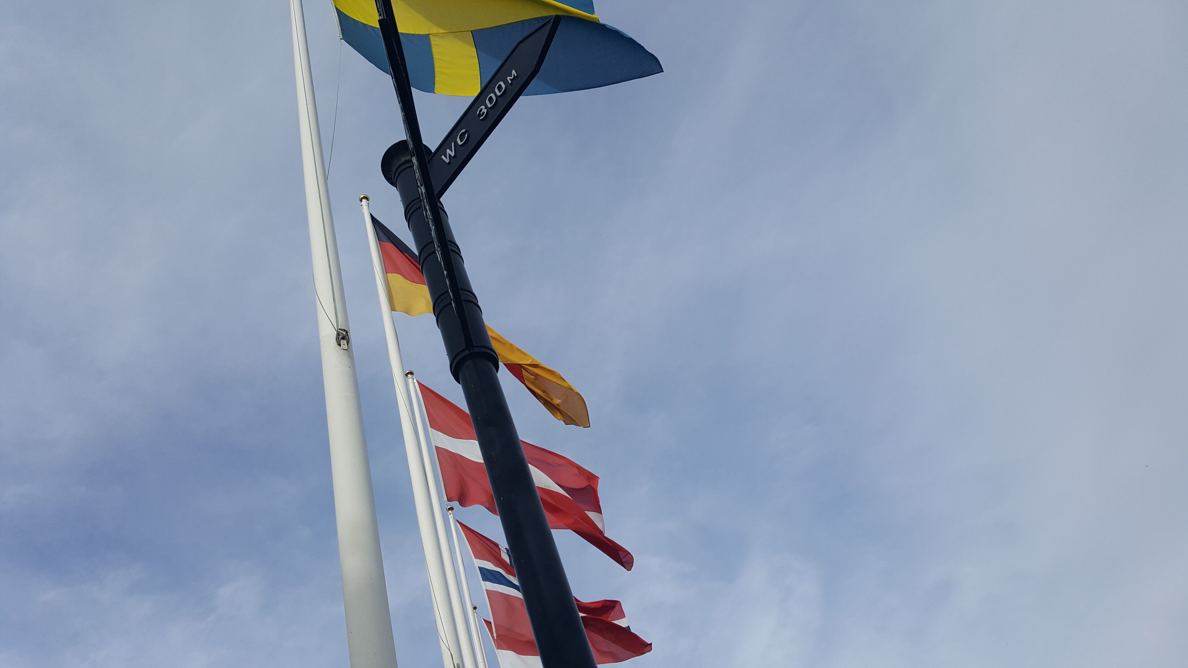 En flaggstång med flera flaggor, inklusive en gul och blå flagga med texten ”WC 300M”.