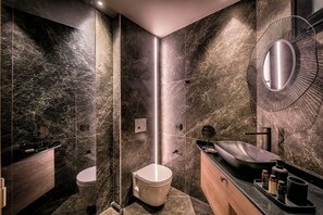 Shower, hair dryer, towels, shampoo