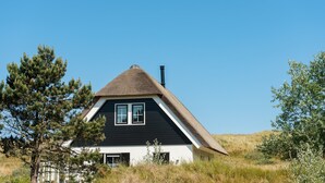 Una casa con techo inclinado, rodeada de hierba alta y árboles.