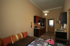 Apartment | Private kitchen | Full-size fridge, microwave, oven, stovetop