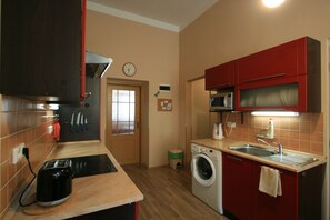 Apartment | Private kitchen | Full-size fridge, microwave, oven, stovetop
