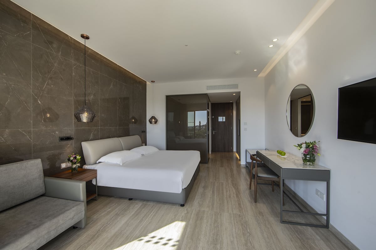 Une chambre d’hôtel moderne équipée d’un lit, d’un canapé, d’un bureau et d’une télévision.
