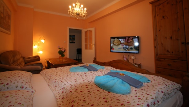 A bedroom with a bed, a television, a chandelier, and a wooden wardrobe. - Apartment No. 7 Horova 8 (Karlovy Vary)