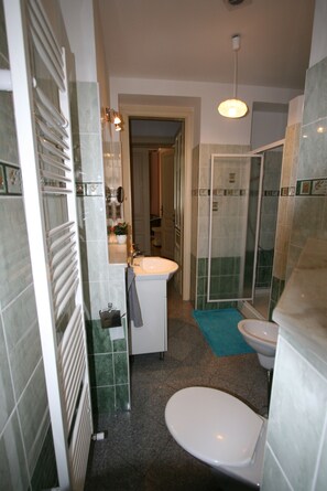 Departamento | Baño | Regadera, secadora de cabello, pantuflas, bidet 