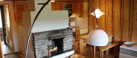 Cabin, 1 Bedroom | Living area | Flat-screen TV, fireplace