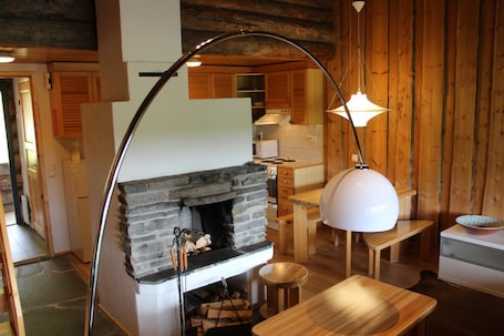 Cabin, 1 Bedroom | Living area | Flat-screen TV, fireplace
