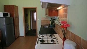 A compact kitchen with a gas stove, a microwave, and wooden cabinets. - Apartment No. 10 Zeyerova 13 (Karlovy Vary)