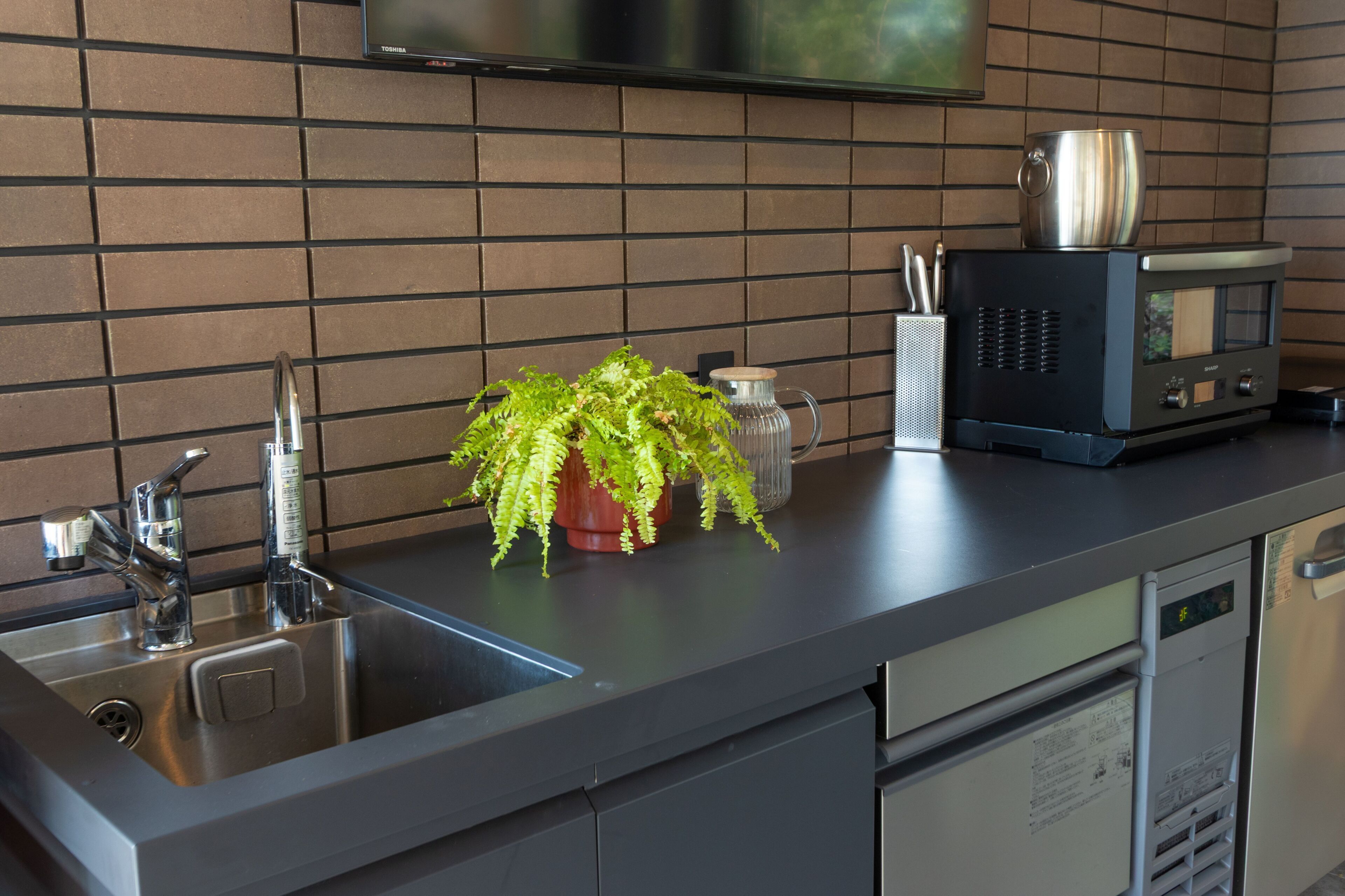 Una cocina con un lavamanos de acero inoxidable, una planta en maceta, un microondas y un lavavajillas.