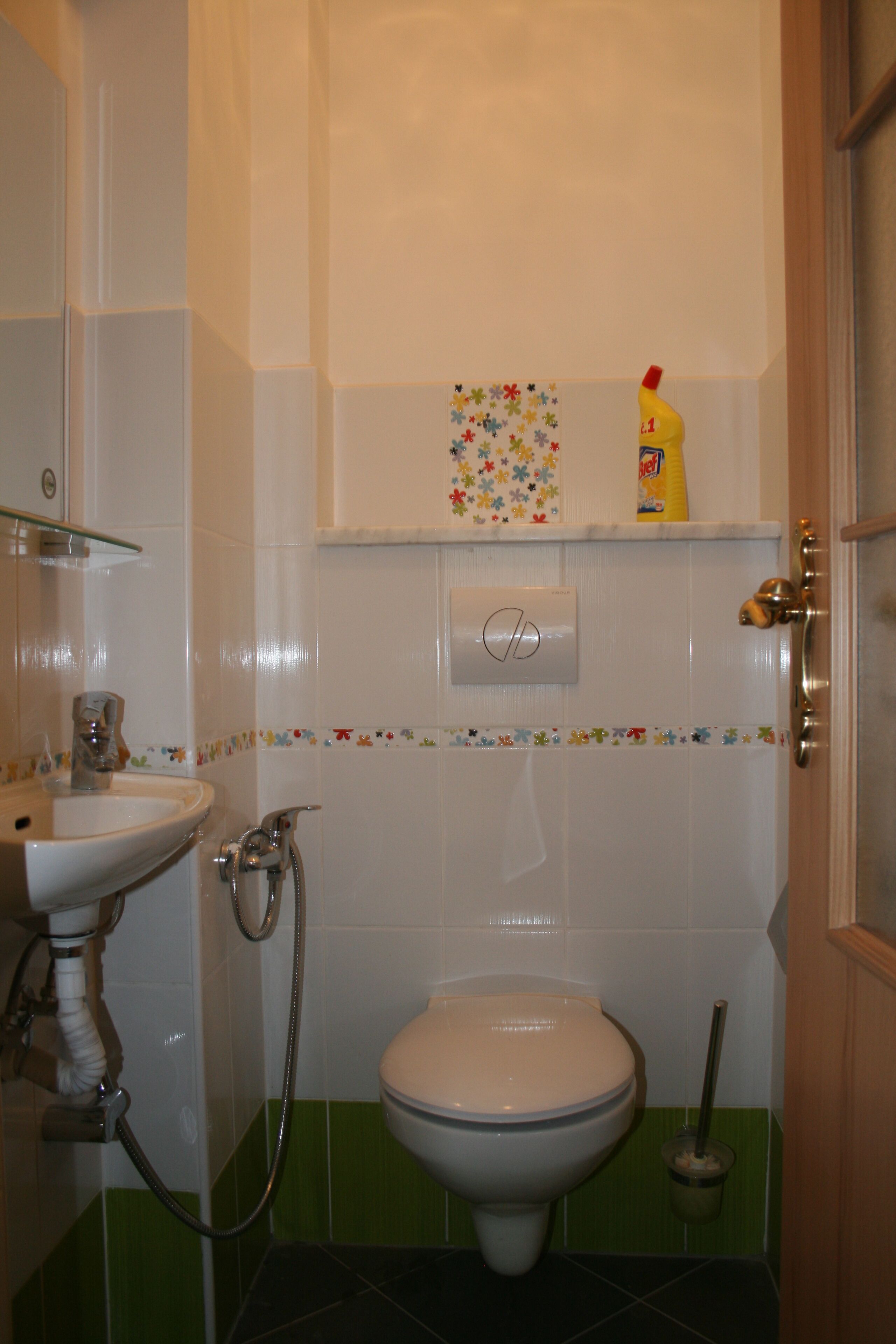 Une salle de bain équipée de toilettes, d’un lavabo et d’une douche. Un porte-rouleau de papier toilette et un flacon de savon liquide sont fixés au mur.