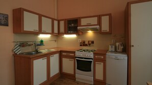 A compact kitchen with wooden cabinets, a stove, a dishwasher, and a sink. - Apartment No. 22 Zeyerova 15 (Karlovy Vary)