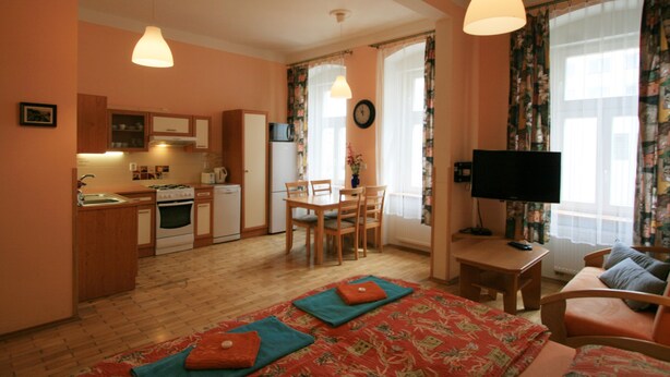 A compact living space with a kitchenette, a dining area, a TV, and a sofa. - Apartment No. 22 Zeyerova 15 (Karlovy Vary)
