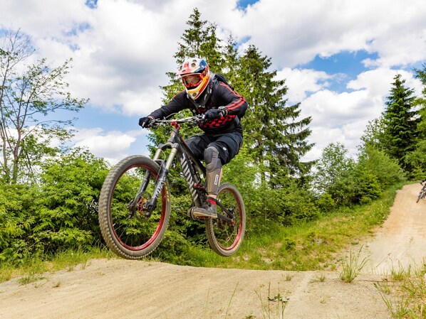 A mountain biker on a dirt trail surrounded by trees. - Spacious, Modern Apartment Near the Centre (Winterberg)