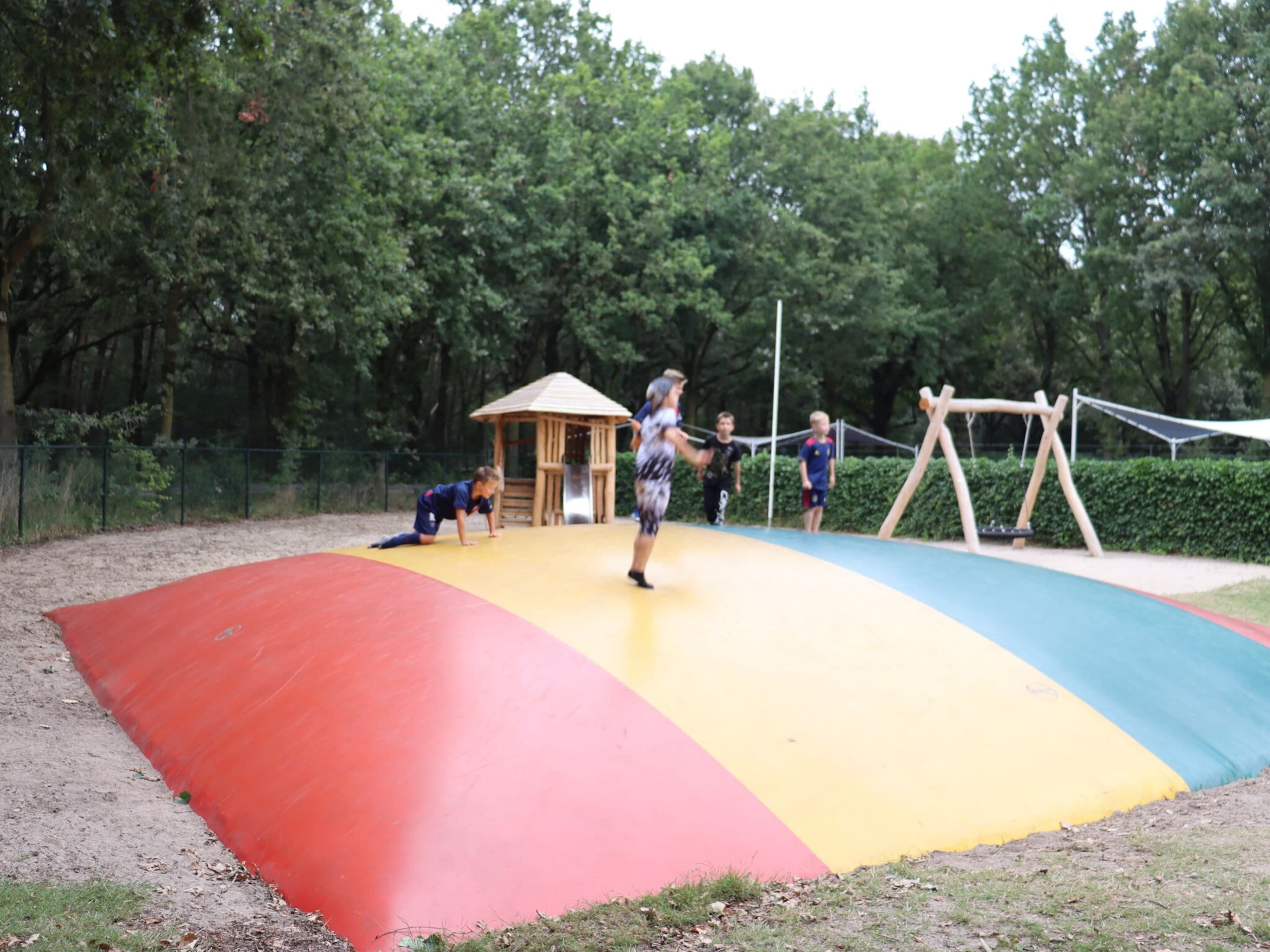 A playground with a colorful slide and climbing area, surrounded by trees.
