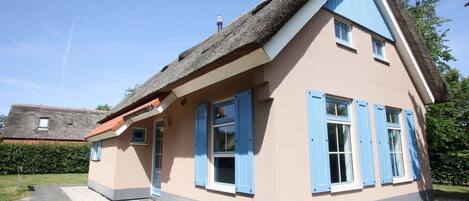 A house with a thatched roof, blue shutters, and a light-colored facade.