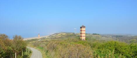 A coastal road with a lighthouse and a tower in the distance.