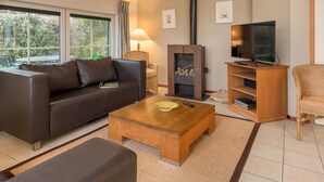 A modern living room with a sofa, coffee table, TV stand, fireplace, and wicker chairs. - Detached House With Dishwasher Near the Sea (De Koog)